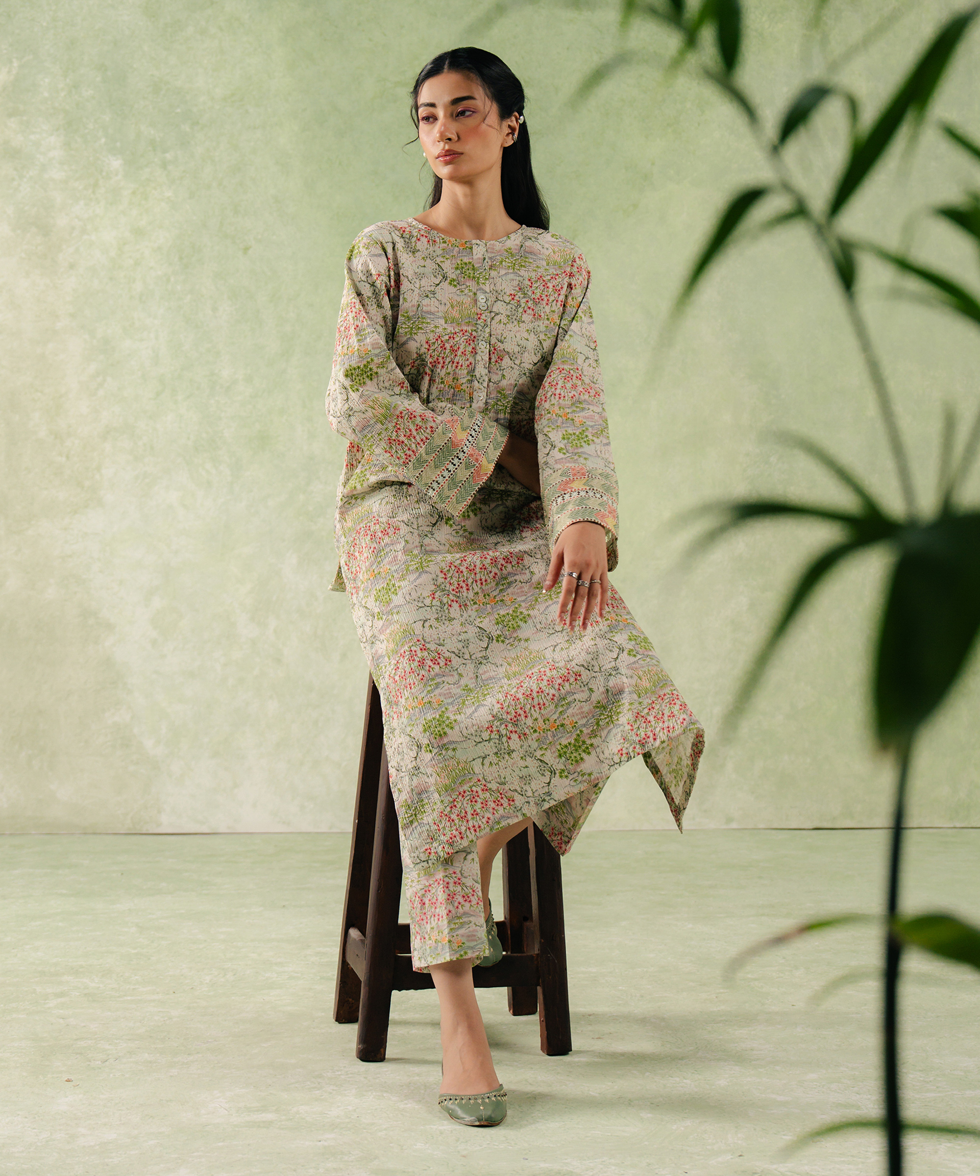 Woman’s Printed Beige Seersucker A-Line Shirt