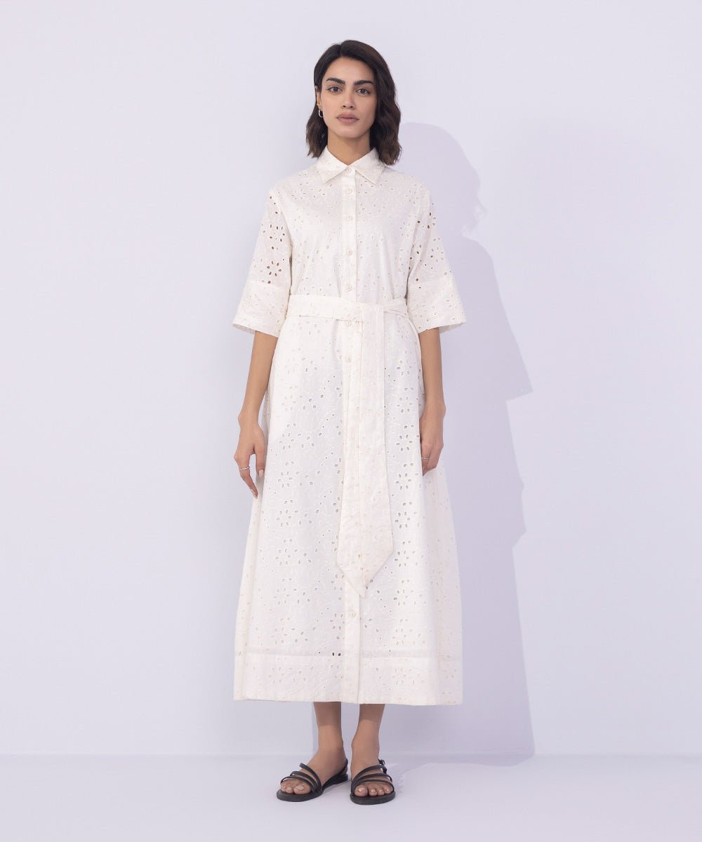 Women's Western Wear White Embroidered Dress With Belt