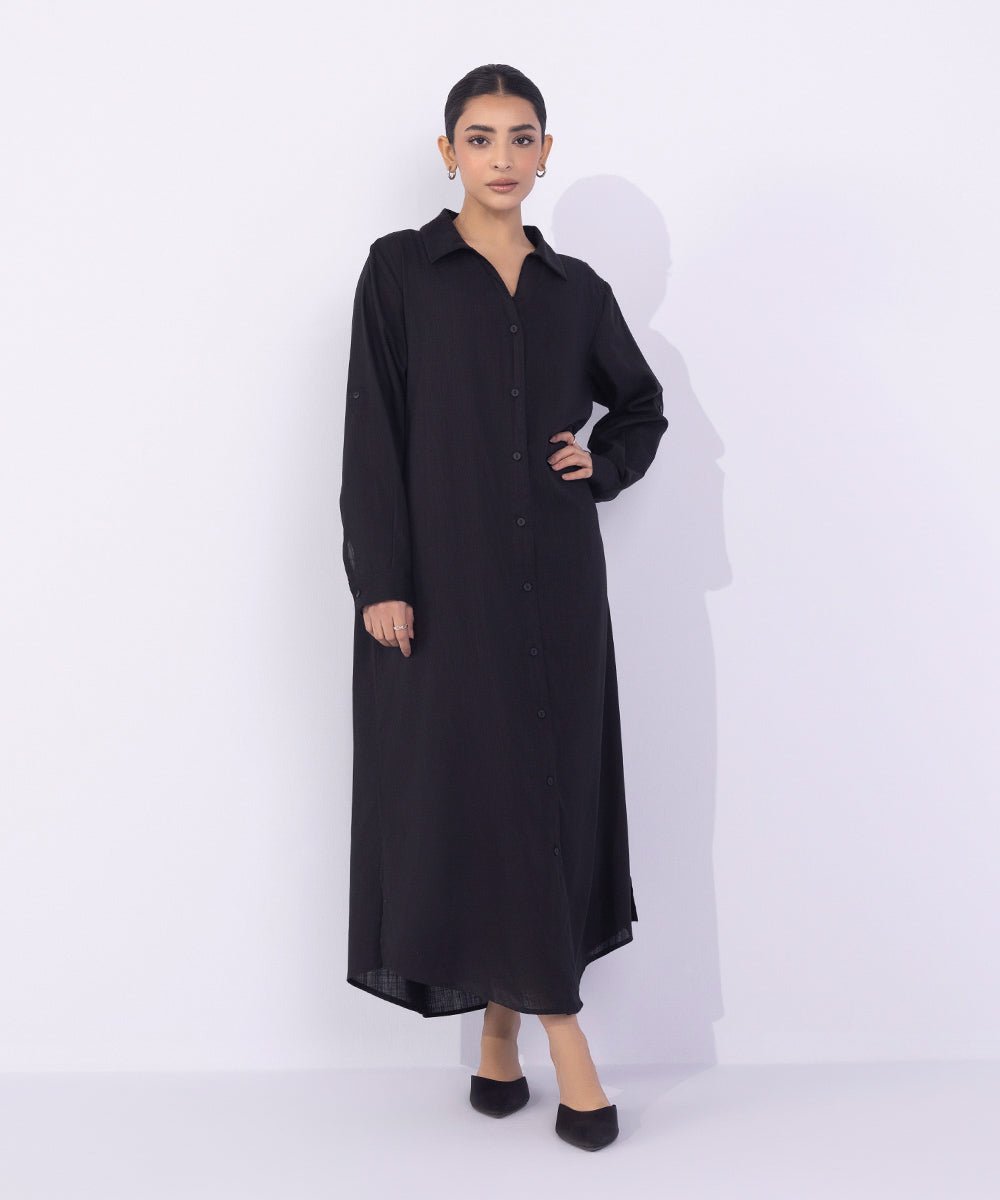 Women's Western Wear Black Button-Through Midi Dress